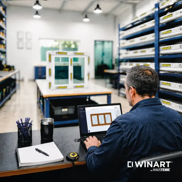 Técnico trabajando con perfiles de PVC y software Winart para cubicación, presupuestos y gestión de proyectos de ventanas